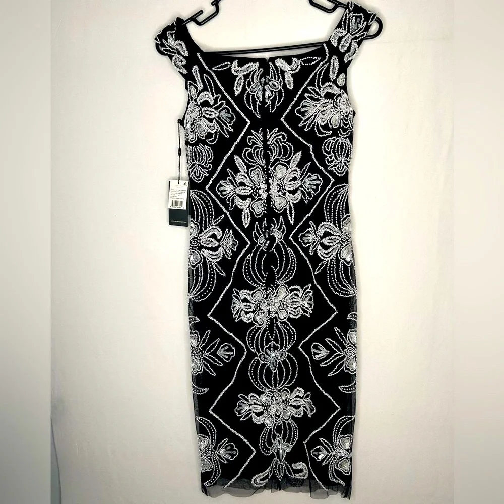 NWT Adrianna Papell Women’s Off Shoulder Fitted Beaded Dress. Black White. SZ 2P